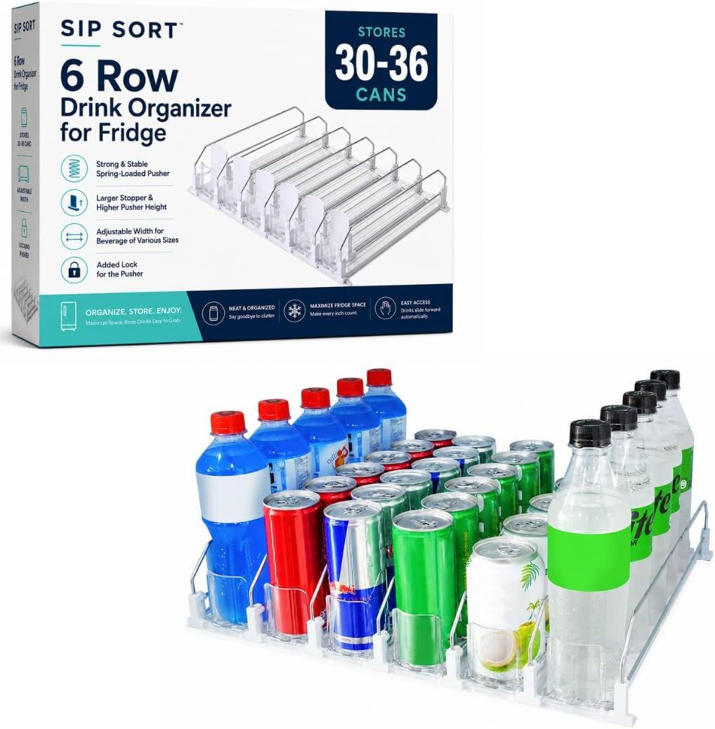 Upgraded Premium Drink Organizer for Fridge. Ultra Space Saving Soda Can Organizer with Larger Stopper Height and Automatic Pusher with Locking Feature. Holds 30 Cans (6 Rows, White)