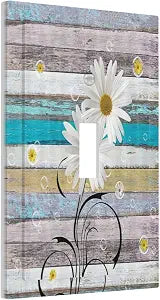 Decorative Switch Plate Covers Rustic Plank Texture Floral Daisy Flowers 1 Gang Wall Plate Single Toggle Light Switch Cover Plate Jumbo Electrical Switchplate Receptacle Faceplate