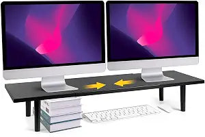Across-Star Dual-Monitor-Stand-Riser-For-Desk Adjustable Length 32-40 InchLarge Desktop Computer Monitor Riser For 2 ScreensDesk Shelf Organizer Riser Stand For Computer/Laptop/PC/Printer/TV Black