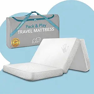 Foldable Travel Pack n Play Mattress Pad with Bag, Waterproof Portable Mini Crib Mattresses, Baby Bed Playpen Memory Foam Topper, Playard Pen Accessories, Traveling Case Included