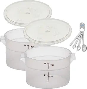 Lumintrail Cambro 2 Quart Round Food Storage Container, 2-Pack Translucent, with a Translucent Lid, Bundle with a Measuring Spoon Set
