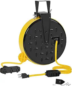 30 Ft Retractable Extension Cord Reel, 16/3 Gauge SJTW Power Cord with 3 Electrical Outlets Pigtail for Garage and Shop, 10 Amp Circuit Breaker, Metal Plate, UL Listed, Yellow Y30CR06