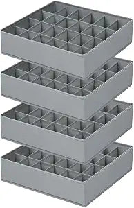 Sock Organizer 4 Pack, 24 Cell Underwear Organizer Foldable Underwear Storage, Sock and Underwear Drawer Organizer for Socks Ties Underwear Belts. (Grey)