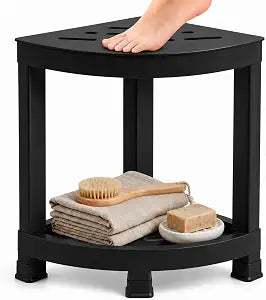 Shower Foot Rest 16in, HIPS Shower Stool for Inside Shower, Waterproof Corner Shower Stool with Storage Shelf for Inside Small Shower Spaces, (Black)