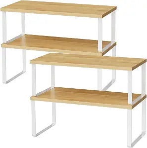 OGEMXU Cabinet Shelf Organizers, 15.7 inches Large Kitchen Counter Shelf, Set of 4 Wood Kitchen Pantry Organizer, Storage Shelves for Countertop, Spice Rack, Stackable, Expandable, Metal White, Nature
