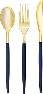 Luxe Party 128 Pieces Two Tone Plastic Disposable Cutlery | Forks-Spoons-Knives | Full Size | Chic Round | Navy and Gold