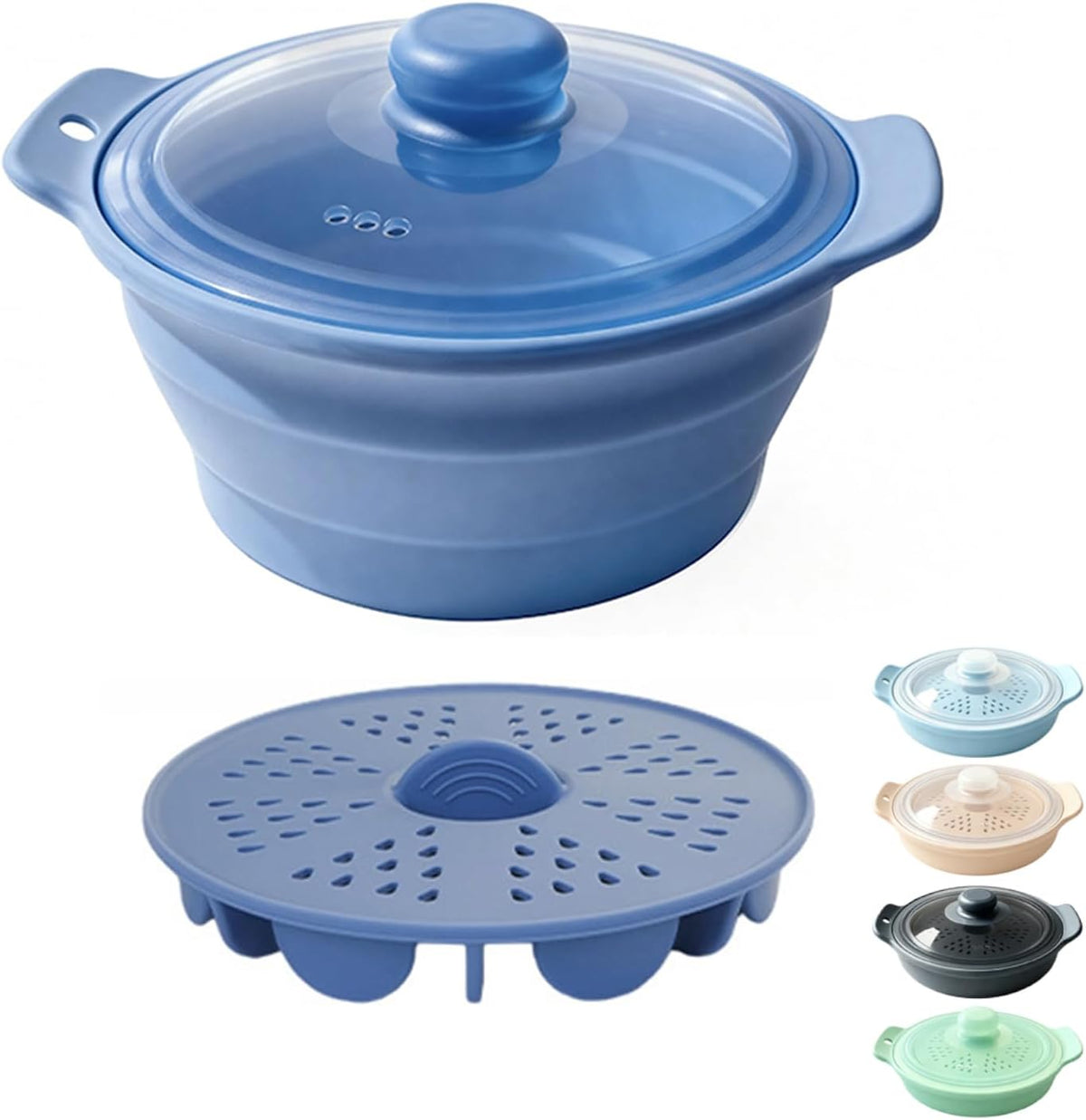 42oz Silicone Microwave Steamer For Cooking, Vegetable Steamer, Dark Blue