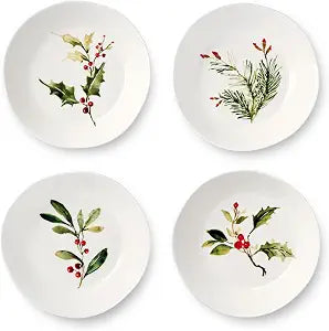 Holly and Vines Dinner Bowls Set of 4, 40 oz Stoneware Bowls 9.5"x2" with Elegant Botanical Design, Microwave & Dishwasher Safe Holiday Tableware for Pasta, Salads, Soups & Seasonal Dining