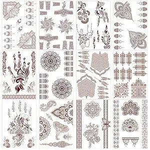 12 Sheets Henna Temporary Tattoos for Adults, Waterproof Fake Henna Tattoo Stickers for Hands, Lace Mandala Flower Pattern Body Art Large Big Arm Tattoos Stickers for Wedding Party
