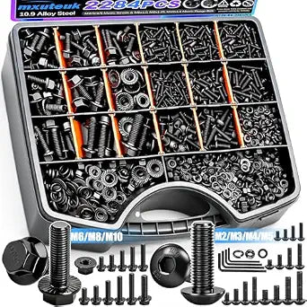 mxuteuk 2284PCS Metric Screws & Flange Bolt Assortment,Nuts and Bolts Assortment Kit M2/M3/M4/M5/M6/M8/M10 Machine Screws Kits,Grade 10.9 Alloy Steel Hex Socket Button Metric Screw