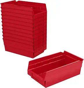 Akro-Mils 30130 Heavy Duty Plastic Shelf Bins, 12"x 6.5"x 4", Red, 12-Pk