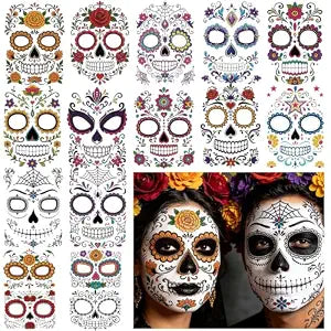 Yazhiji 16 Sheets Day of the Dead Face Tattoos ï¿½ï¿½ï¿½ï¿½ï¿½ï¿½ï¿½ï¿½ï¿½ Mexican Sugar Skull Temporary Face Stickers for Halloween, Dia de los Muertos Makeup Kit, Costume Accessories f
