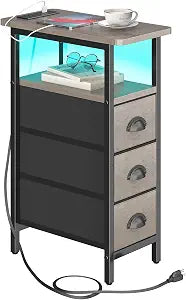 sthmec End Table with Charging Station,LED Side Tables with USB Ports and Outlets,Skinny Bedside Tables with 3 Drawers,Small Tabls Nightstands for Small Space,Slim Sofa Table for Livingroom, Grey