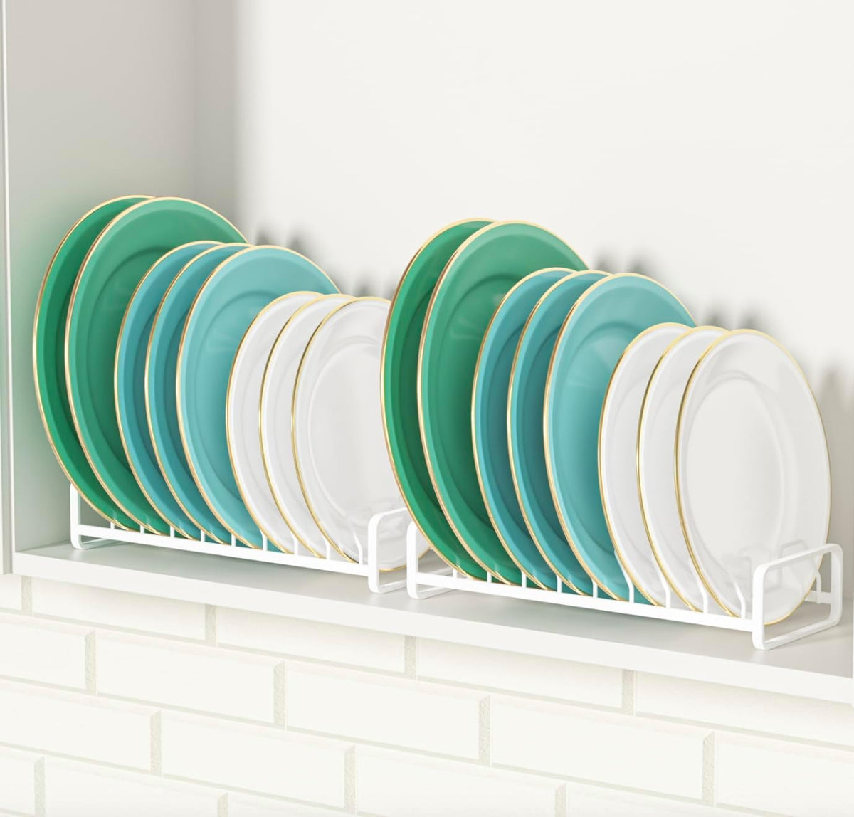 Plate Organizer for Cabinet (2-Pack),Kitchen Dish Rack Organizer for Cabinet Countertop Drawer Space Saverï¼Œ8 Slots Vertical Plate Holder Storage Rack, Housewarming Kitchen Gifts for Women (White)