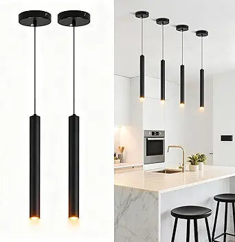 2 Pack Black Cylinder Pendant Lights for Kitchen Island, Modern 3W LED