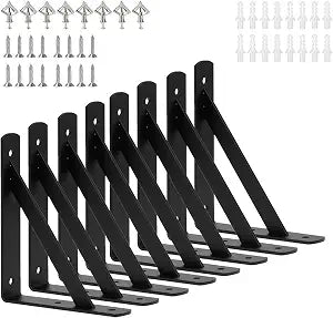 8 Pack L 6" x H 4" Heavy Duty Shelf Brackets with Screws, Black Metal, Wall Mount, 8 Count