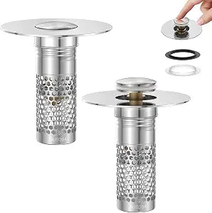 2 Pack Pop Up Bathroom Sink Drain Stoppers, Removable Sink Drain Strainer Stopper Hair Catcher with Stainless Steel Anti-Clog Filter Basket for Sinks and Drains 1.06-1.5 Inch