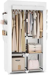 VTRIN Portable Closet Wardrobe Closet for Hanging Clothes with 4 Storage Shelves, 2 Hanging Rods and 6 Pockets, Stable and Easy Assembly Clothes Rack with Cover Free Standing Closet White