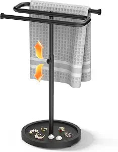 Aetyord Z-Shape Countertop Towel Holder - Height Adjustable for Bathroom/Kitchen/RV, Black | Rustproof Metal & Wood Base