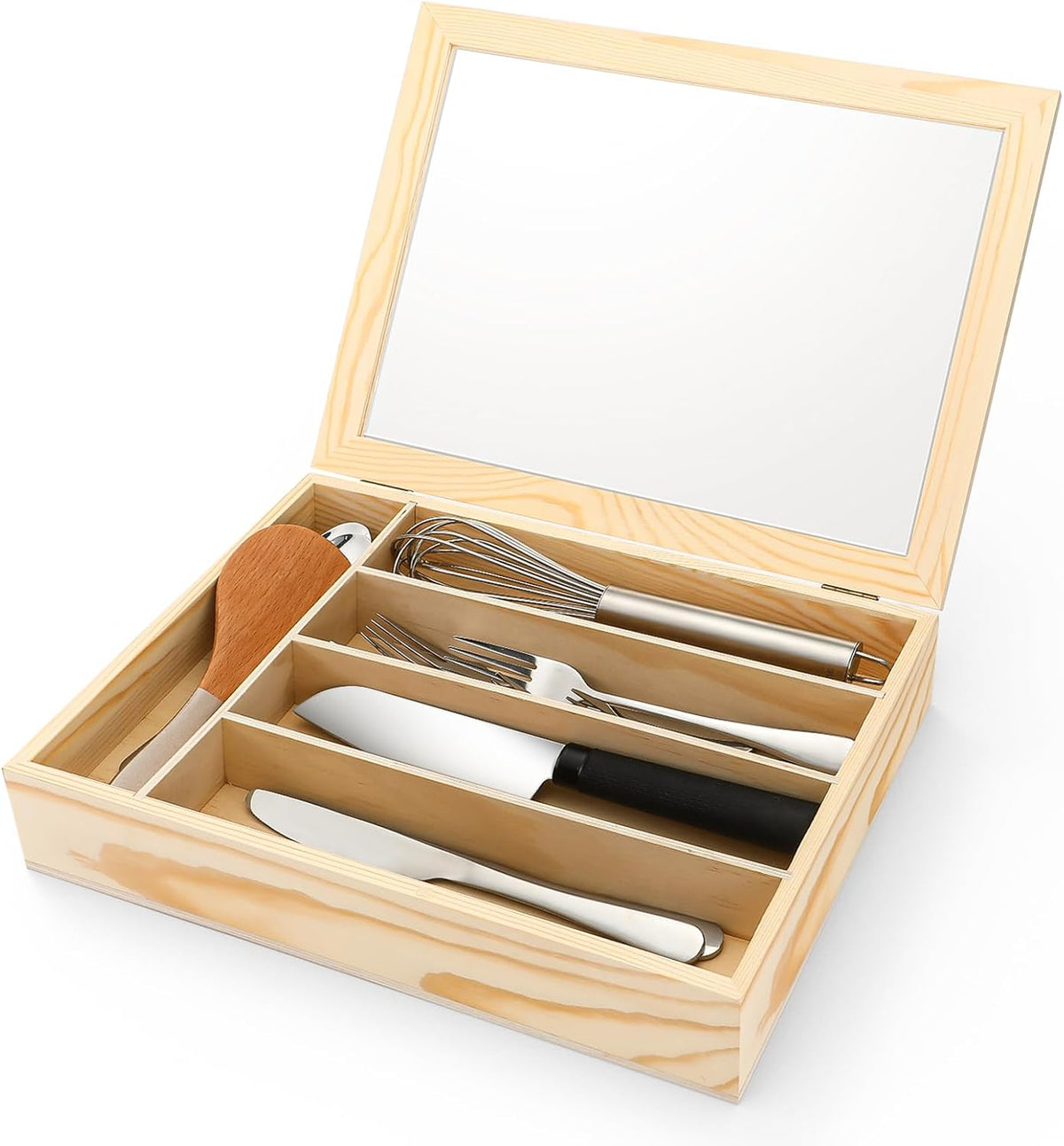 Baderke Wooden Silverware Organizer with Lid 5 Slots Utensil Storage
