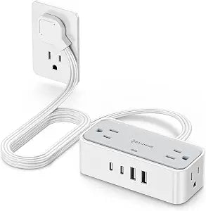 Surge Protector Power Strip, REALMADE 4 AC 4 USB Power Strip, Flat Plug Outlet Extender, 5Ft Extension Cord, Wall Mount Desk Charging for Home Office Gray & White