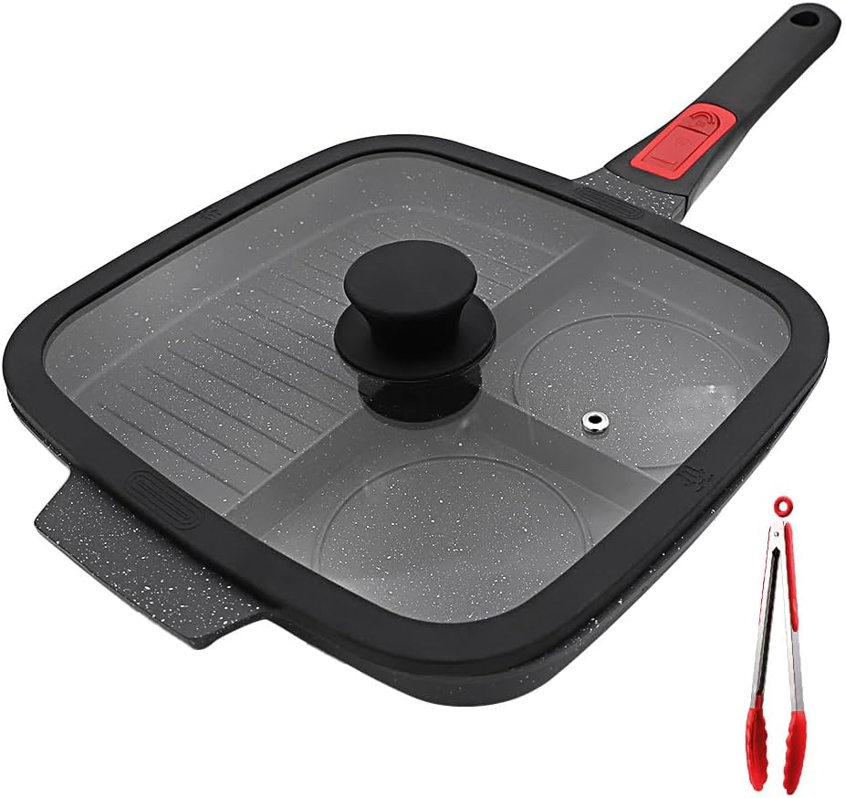 Nonstick 3 Section Grill Pan for Stove Tops, Black