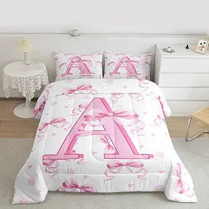 Feelyou Pink Bowknot Kids Comforter Set Twin Initial Letter A Bedding Set