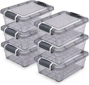 Tribello Small Storage Container Bin With Lids, 1.25Q Mini Plastic Storage Container With Latching Lids For Organizing - Tinted - (8' x 6 x 3) 1.25 Quart - Set of 6 - Made in EU