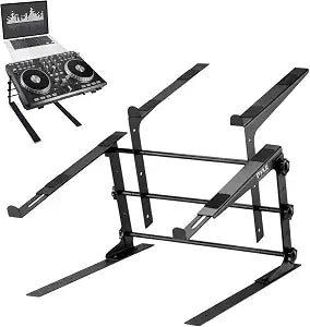 Pyle Portable Dual Laptop Stand - Standing Table with Adjustable Height, Ergonomic Design & Anti-Slip Prongs for DJ Mixer, Sound Equipment, Workstation, Gaming & Home Use - PLPTS38, Black