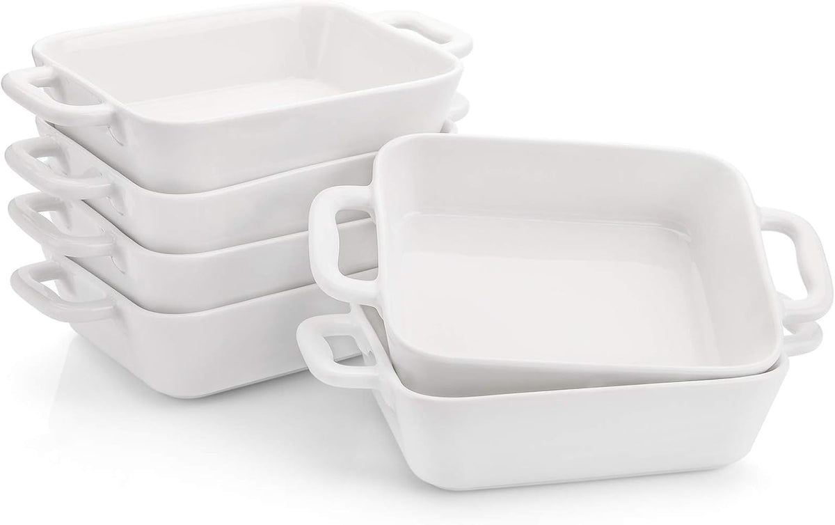 Foraineam 6 Pieces Bakeware Set, White Porcelain Souffle Dishes Creme Brulee Ramekins, 6-1/4 x 4-3/4 inch Rectangular Baking Pans with Double Handles
