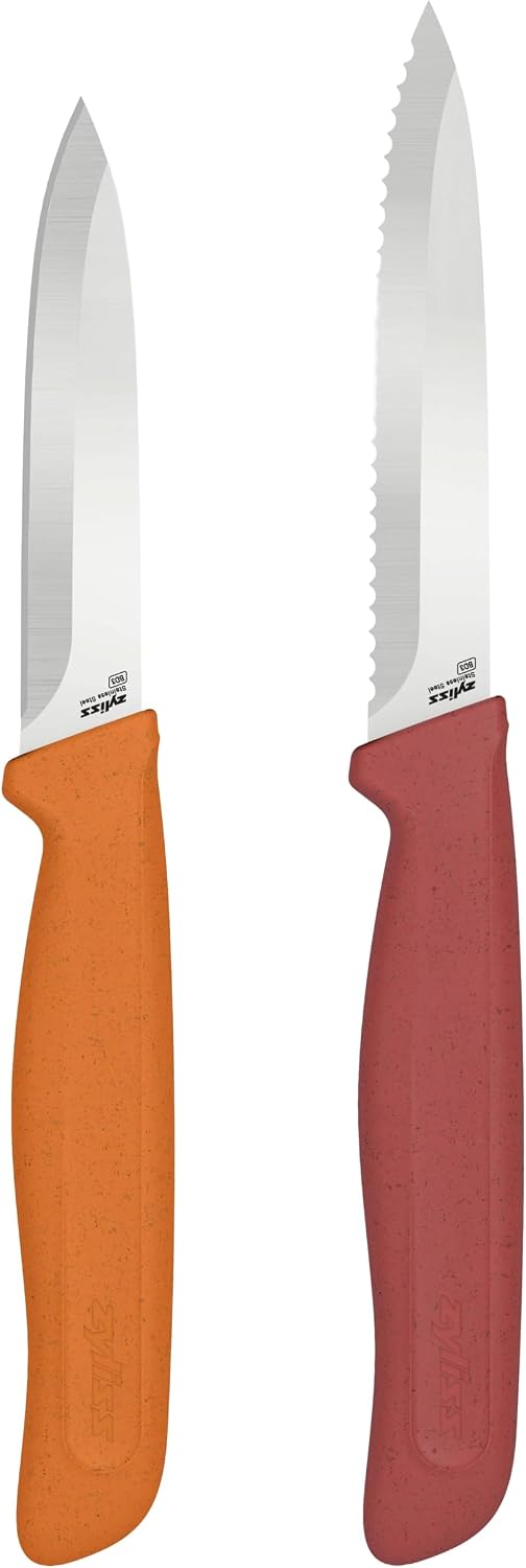 Zyliss Classic 2 Piece Paring Knife Set with Straight & Serrated Blades, Stainless Steel 15 Hollow-Ground Edge, Ergonomic Wheat Straw Handles, Blade Covers Included