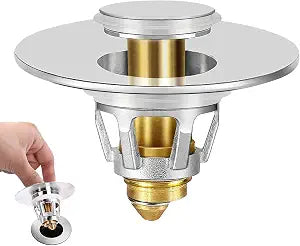 Universal Bathroom Sink Stopper - Upgraded Pop up Drain Strainer with Hair Catcher, Fits 1.1-1.5 Inch U.S. Standard Drain Holes - Anti-Clogging Filter - Pure Brass Construction