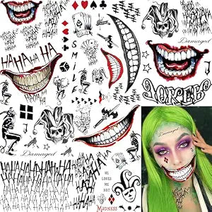 5 Sheets Tattoos Stickers, Hand Damaged Face Tattoos For Women Men Adults, 3D Fake Halloween Temporary Tattoos Makeup Kit Set Clown Inmate Prison Scary Halloween Makeup Accessory Costume
