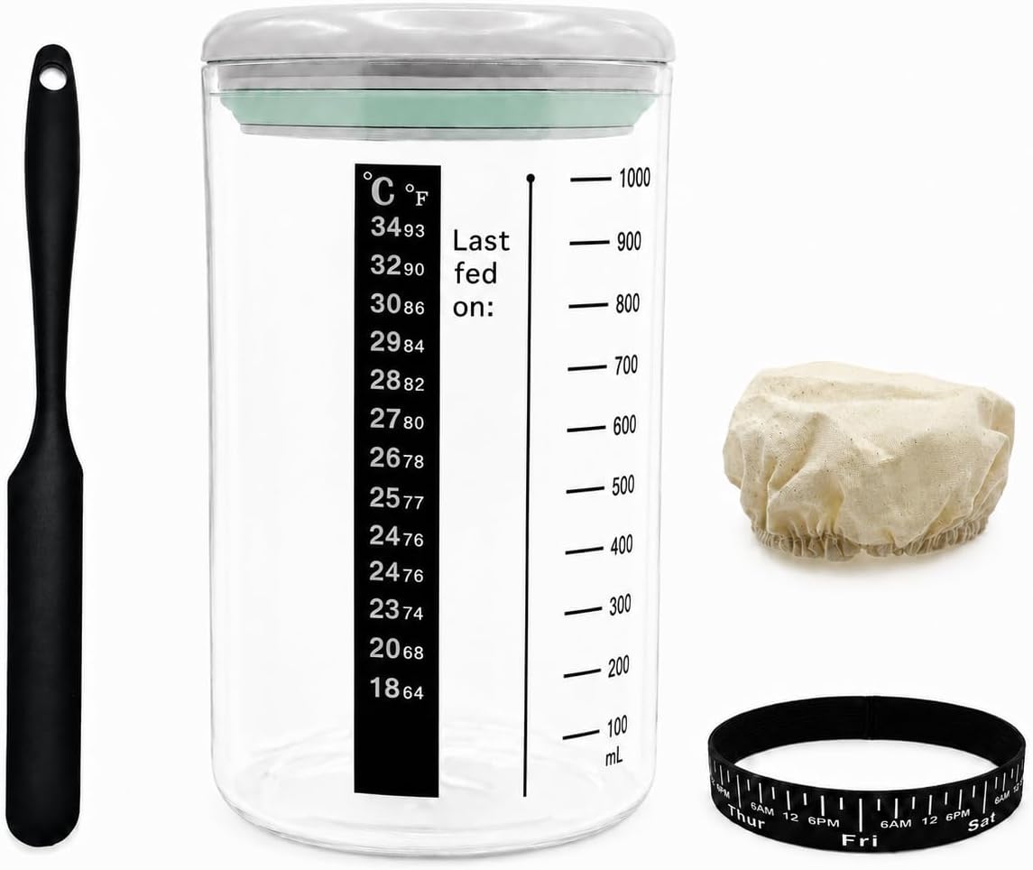 40oz Glass POP sourdough starter jar-With-Lid | Food-grade borosilicate glass | One-touch push-button lid | With Date Marked Feeding Band, Thermometer, Silicone Scraper, Sewn Cloth Cover