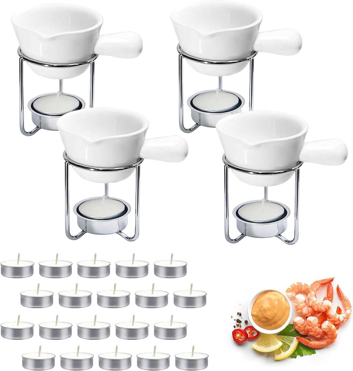 Reasim Butter Warmer for Seafood Set of 4,Lobster Butter Warmer Crab Set with 20 Pcs Tealight Candles,Ceramic Drawn Butter Melter for Chocolate Cheese,Fondue Seafood Boil Party supplie