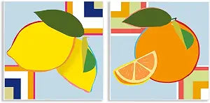Geometric Citrus Fruit, 12 x 12 Inch Mounted Print on Wall Plaque Set
