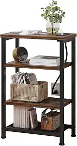 Narrow Nightstand with 4-Tier Shelves, Small Side Table with Charging Station, Skinny Nightstand with Bookshelf, Thin End Table with USB Ports and Outlets, Bed Side Table for Bedroom, Home Office
