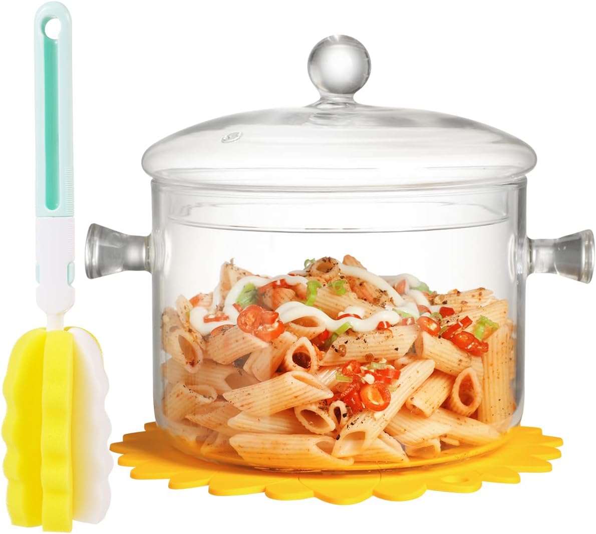 Clear Glass Cooking Pot With Lid And Brush And Silicone Hot Pads On Stove - 2L(68oz) Borosilicate Glass Simmer Pot And Pan With Cover - Glass Cookware Stovetop Pot Set For Pasta, Noodle, Soup, Milk