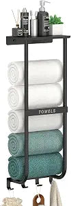 Rxvotoocr Wall Mounted Towel Rack for Bathroom Black Metal Towel Holder with Top Shelf & 4 Hooks, Heavy Duty Storage Organizer for Rolled Towels, Small Bathroom, RV & Laundry Room