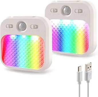 DAMI Led Night Light with Motion Detector 2 Pack, Cabinet Light Dimmable with Timer Function, Staircase Lighting RGBW, Hallway Light Rechargeable 600mAh for Children's Room