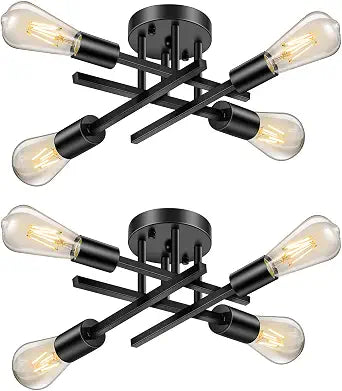 Lomoky Industrial 4-Light Semi Flush Mount Ceiling Light Fixture, Modern Black Close to Ceiling Light, Farmhouse Chandelier Ceiling Lamp for Hallway Kitchen Bedroom Living Room (2 Pack)