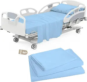 Hospital Bed Sheets Set 3 Piece for Home Use & Hospital Care Beds, 1 Fitted Sheet 36" x 84" x14", 1 Flat Sheet and 1 Pillowcase, Shrinkage & Stain Resistant Hospital Bed Sheet Set, Blue