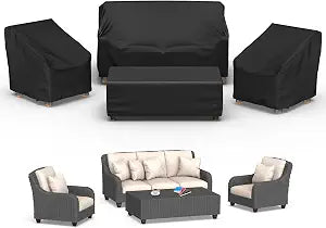 Mrrihand Patio Furniture Covers, 4 Piece Outdoor Furniture Cover Waterproof includ Ourdoor Sofa Cover, 2 Chair Covers, Coffee Table Cover with Windproof Buckle Strap and Adjustable Drawstring-Black