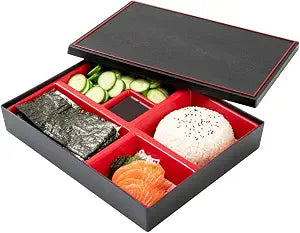 Restaurantware-12.2 x 9.8 x 2.4 Inch Compartment Lunch Container, 1 Japanese Style Adult Lunch Container - With 5 Compartments, Greaseproof, Black & Red Plastic Divided Meal Box, Hot & Cold Food