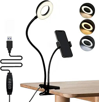 Desk Lamp Clamp with Holder, Reading Selfie Light, Aluminum Arm