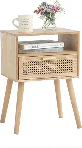 MaxSmeo Modern Nightstand Rattan Side End Table with Storage, for Living Room, Bedroom and Small Spaces, Accent Bedside Farmhouse Tables with Solid Wood Legs, Easy Assembly (Natural Walnut)