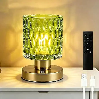 Cordless Rechargeable Table Lamp with Timer & Remote Control, Dimmable Touch Glass Battery Powered Lamp, Aesthetic Small Night Light for Bedroom Desk Bookshelf Living Room Decor (Jade Green)