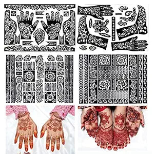 Henna Tattoo Stencil 9 Sheets, Indian Arabic Temporary Tattoo Templates Self-Adhesive Body Art Stickers for Hand Face Festival Party