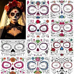 Day of the Dead Face Tattoos 10 Sheets Halloween Temporary Face Tattoos Sugar Skull Dï¿½ï¿½a de Los Muertos Face Tattoo for Adult Halloween P