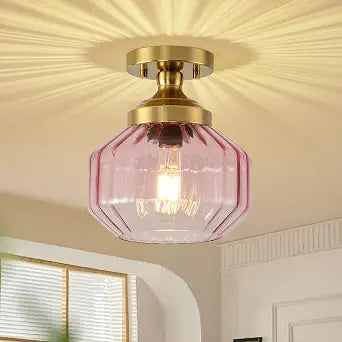 9in Semi Flush Mount Ceiling Light, Gold and Small Pink Glass